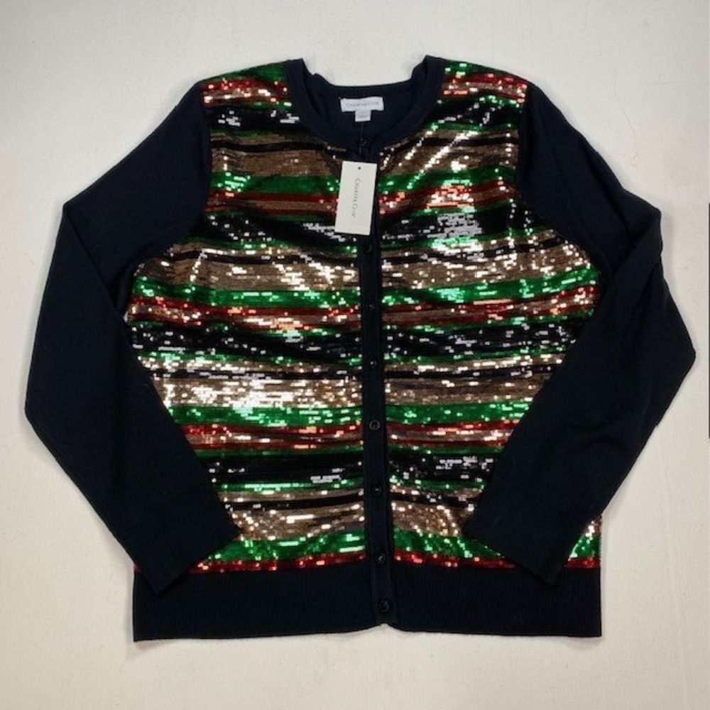 Charter Club Sequin Striped Cardigan Black Green Red Gold 100128697 Size L NEW